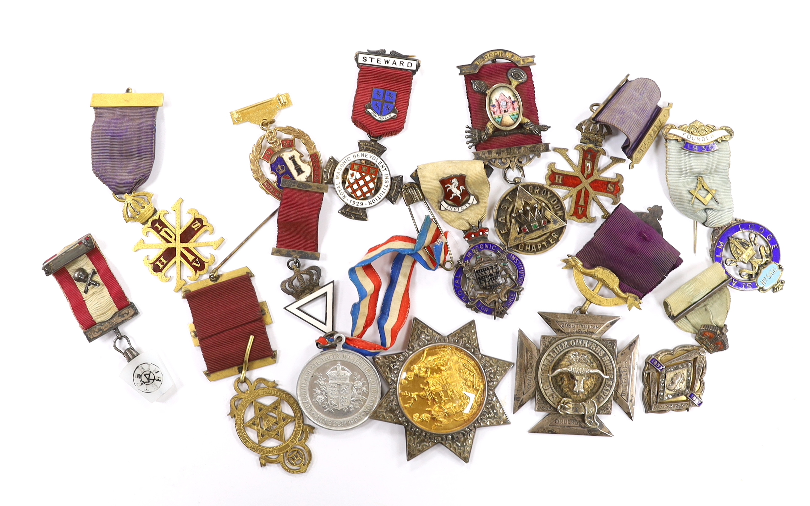 Fourteen Masonic and Order of Buffaloes medals, including enamelled examples, named lodges and silver hallmarked examples